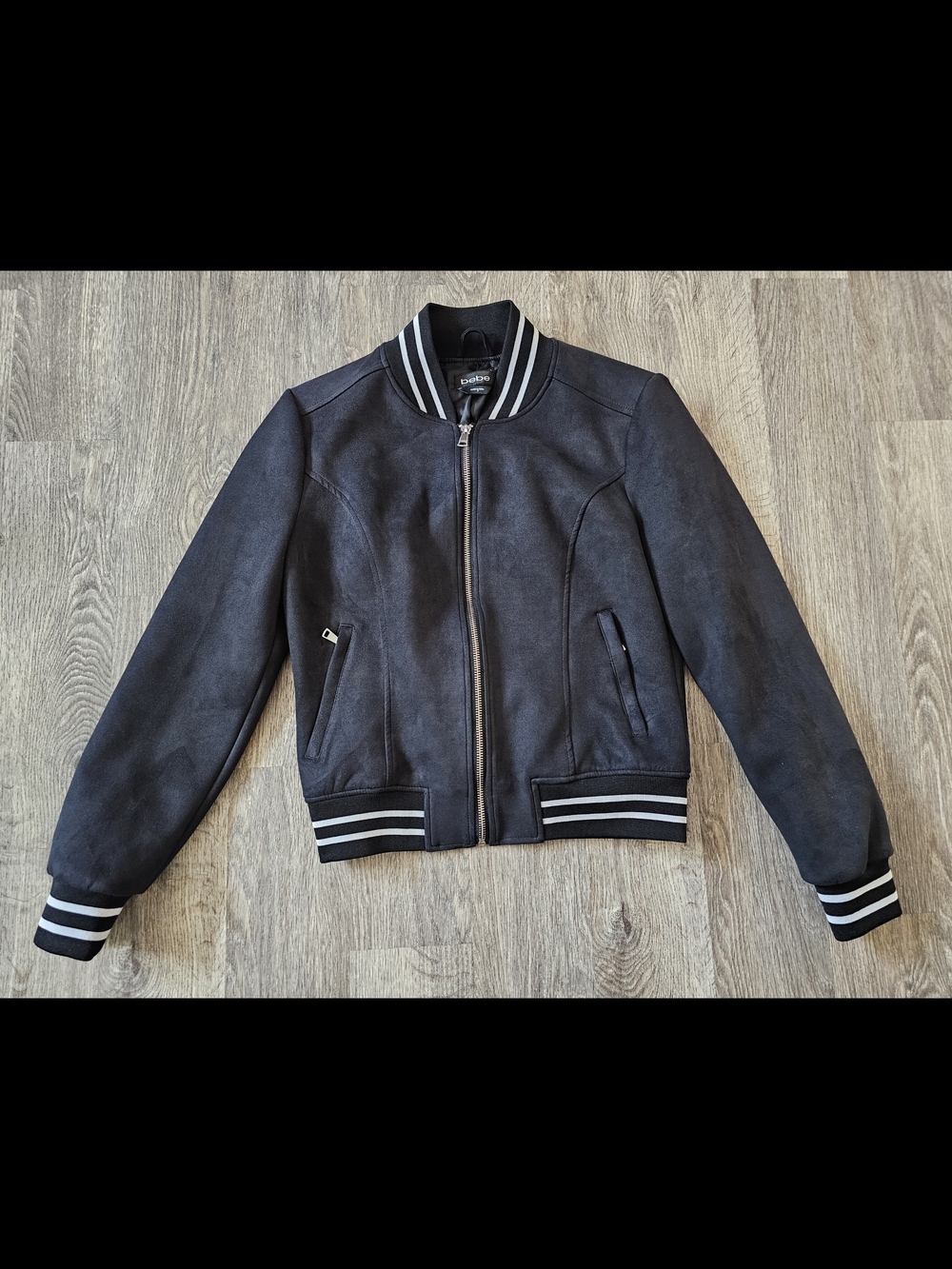 Bebe Black Faux Suede Bomber Jacket Striped Varsity Trim Full Zip Cropped Size S